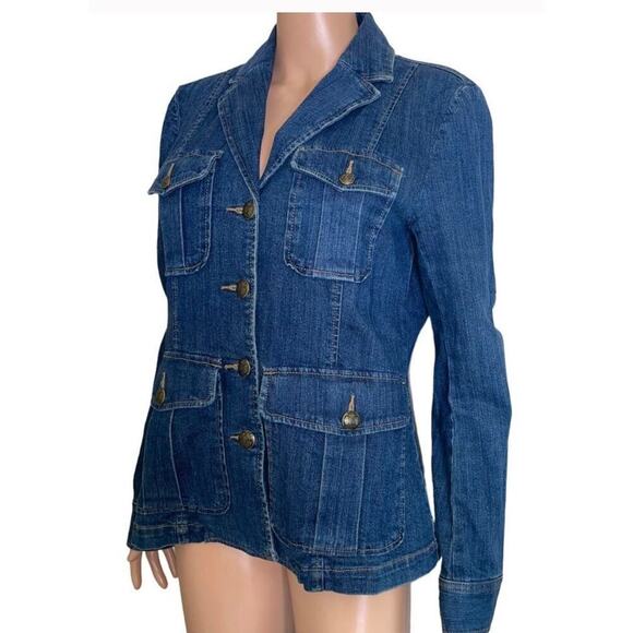 Chaps Denim Jacket Jean Blazer Button Front Utility Pocketed Long Sleeve SZ M - Picture 3 of 9